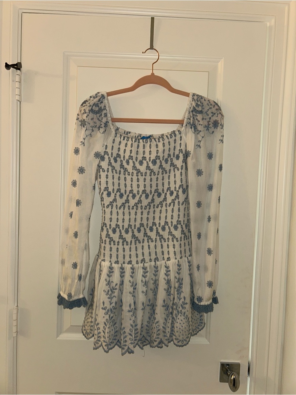 LoveShackFancy White and Blue Floral Embroidered Long-Sleeve Dress